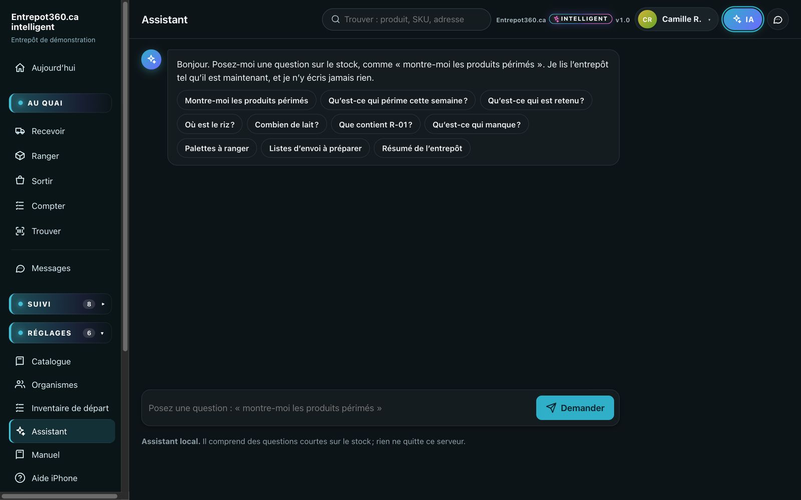 L’assistant : des questions toutes prêtes — produits périmés, ce qui périme cette semaine, où est le riz, palettes à ranger