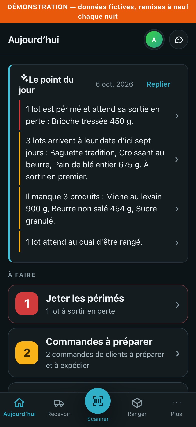 L’écran du matin au téléphone, dans une boulangerie : le point du jour, puis les commandes à préparer et les bons de commande attendus