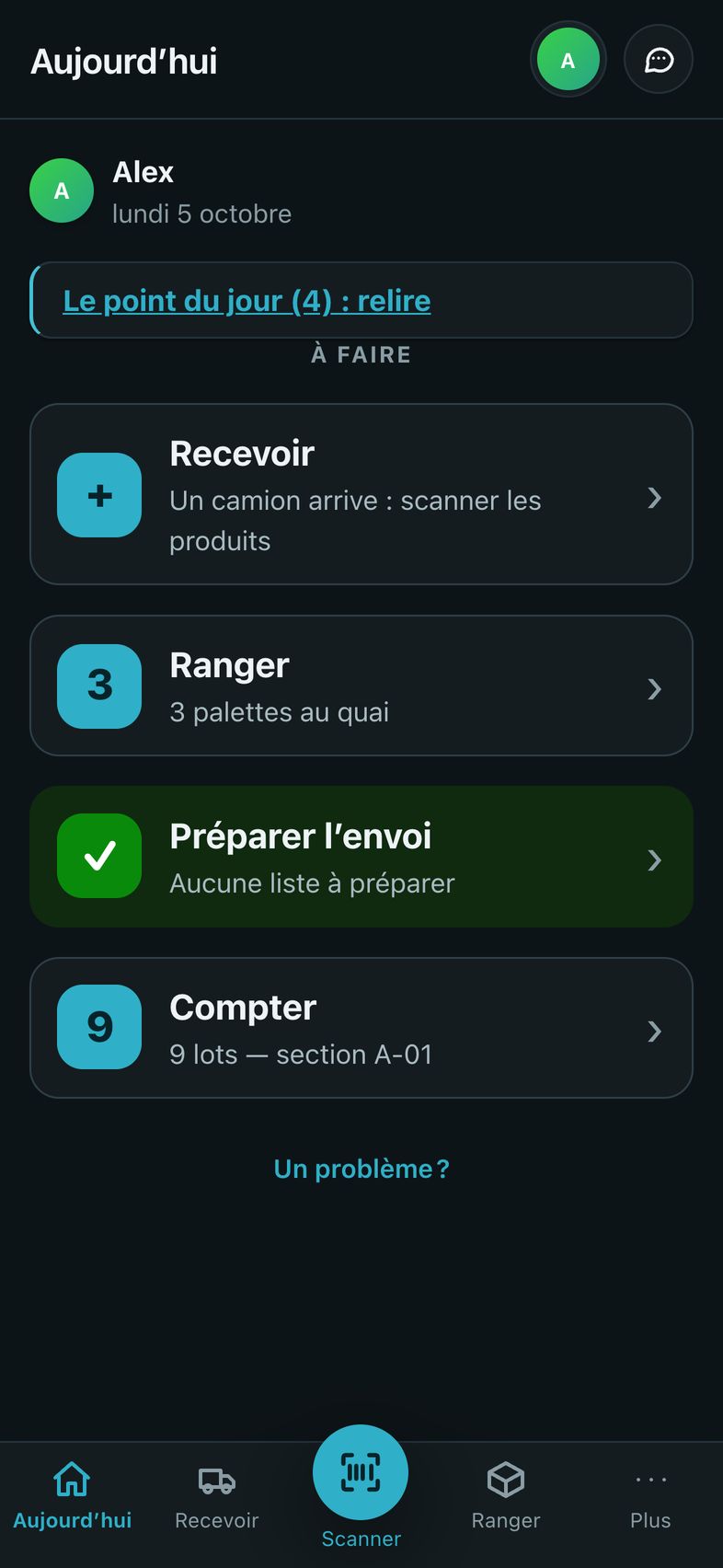 L’écran d’accueil du manutentionnaire : Recevoir, Ranger, Préparer l’envoi, Compter