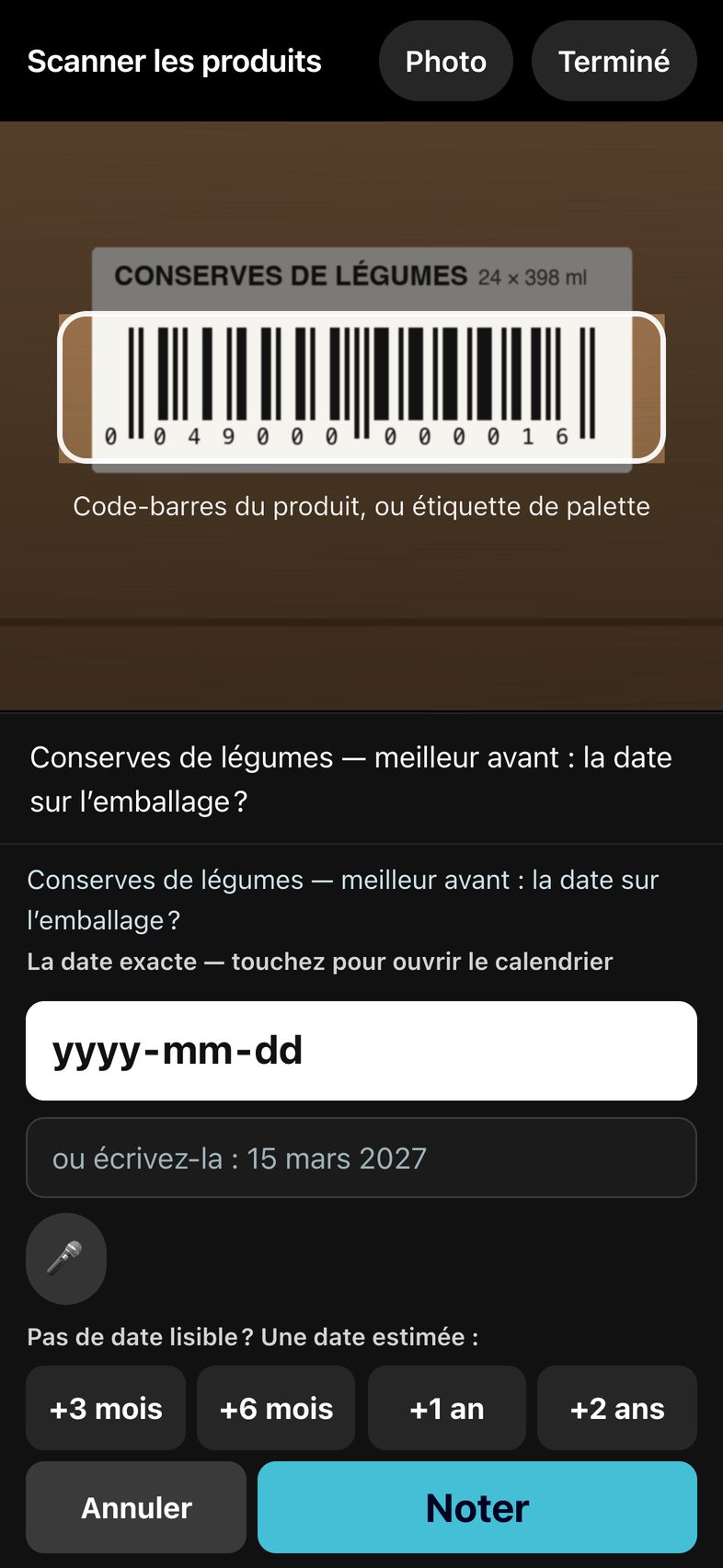 Après le scan, l’application demande la date sur l’emballage, avec des dates estimées en un toucher