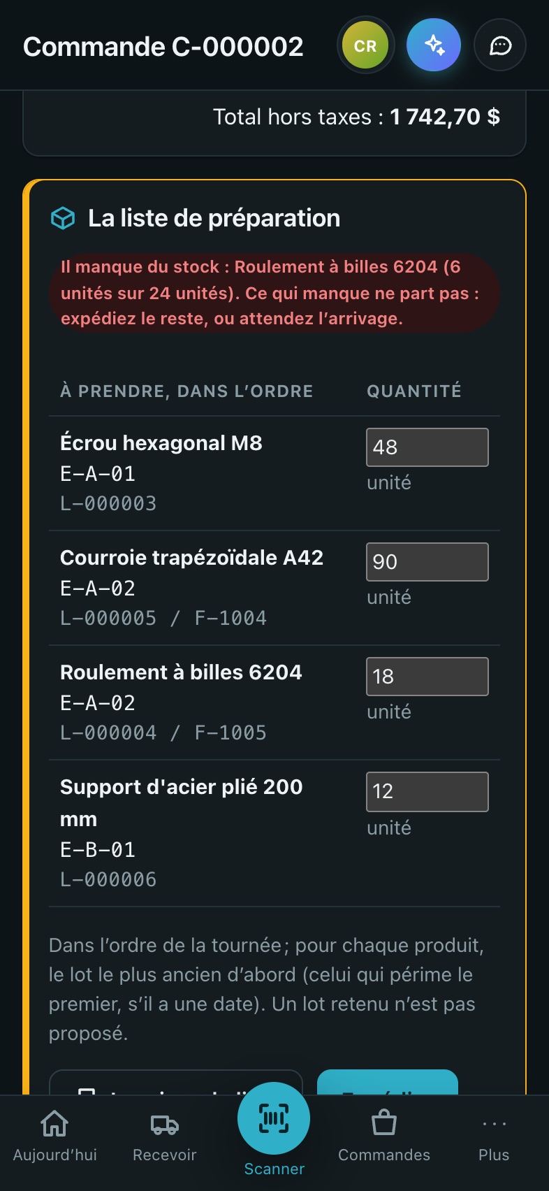 Sur un iPhone, la liste de préparation d’une commande : boulons, courroies et roulements à prendre, lot par lot