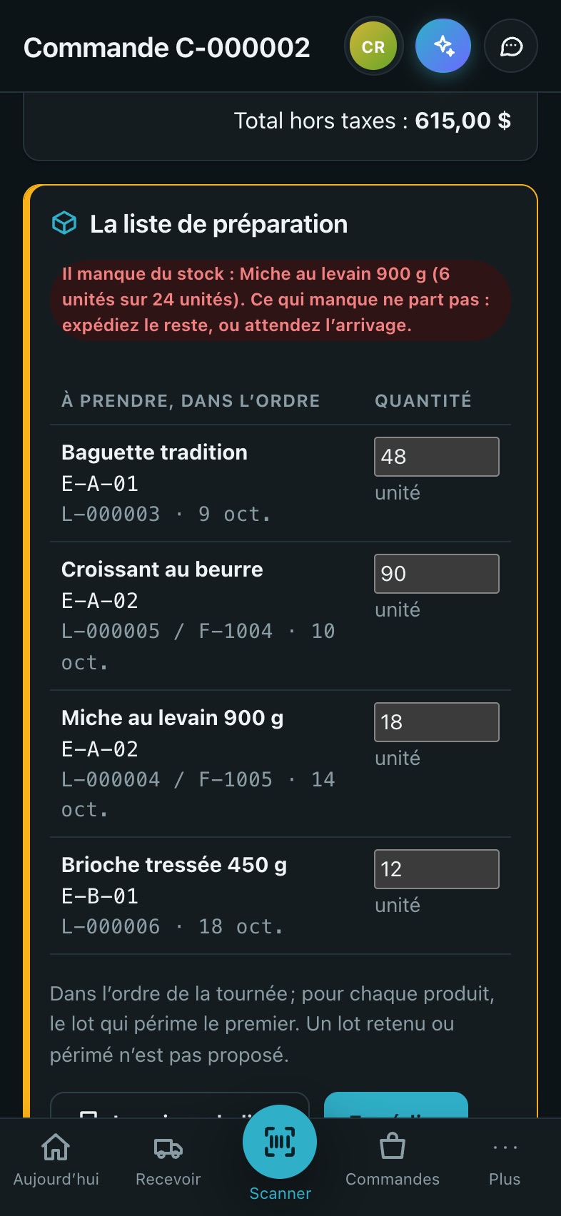 Sur un iPhone, la liste de préparation d’une commande : les lots à prendre, celui qui périme le premier d’abord
