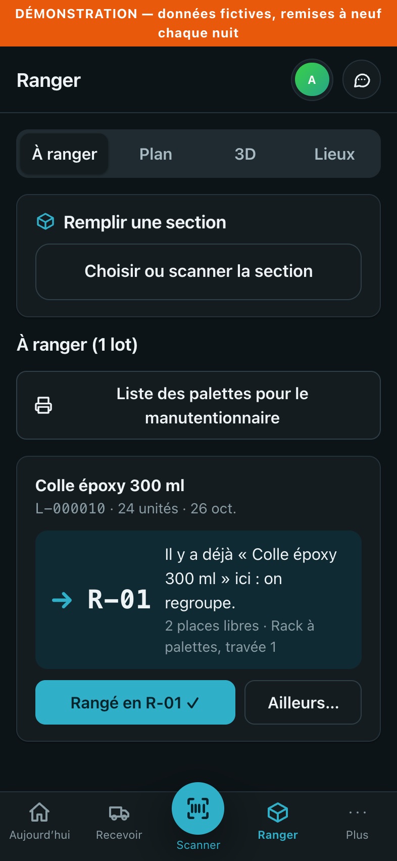 L’écran Ranger au téléphone : le lot qui attend au quai et la section proposée