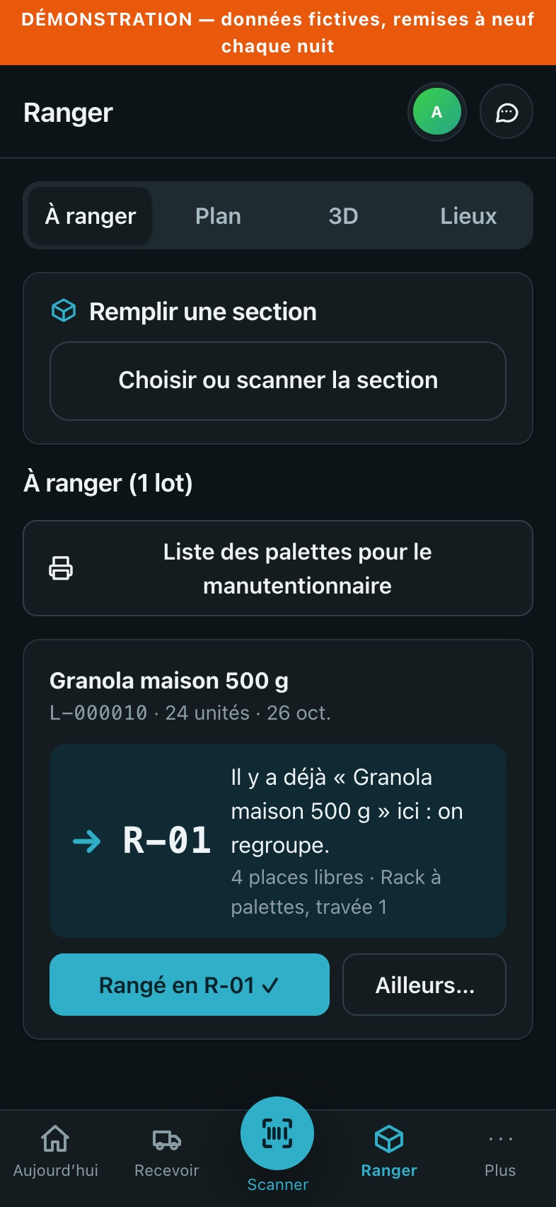 L’écran Ranger au téléphone : le lot qui attend au quai et la section proposée