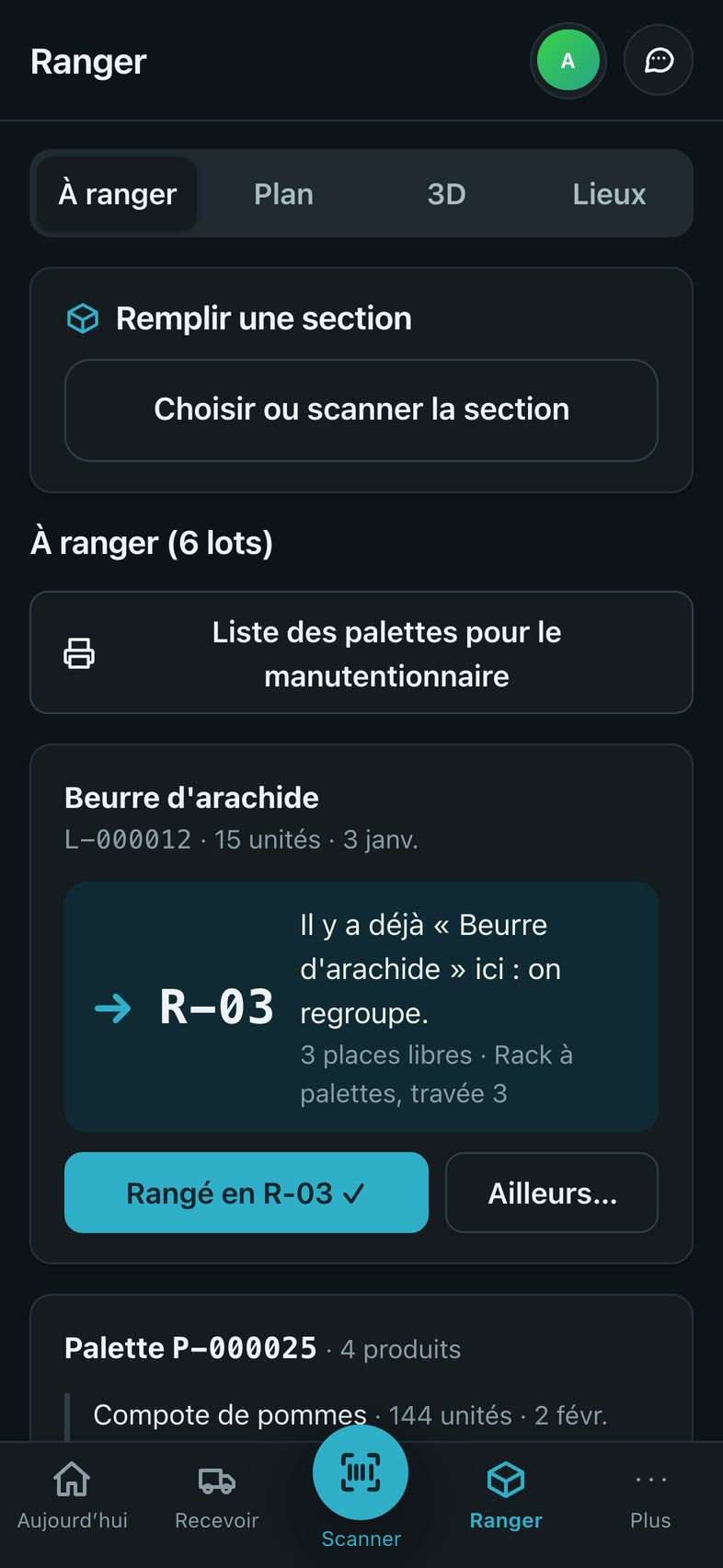 Sur un iPhone, l’écran Ranger propose une place pour chaque lot