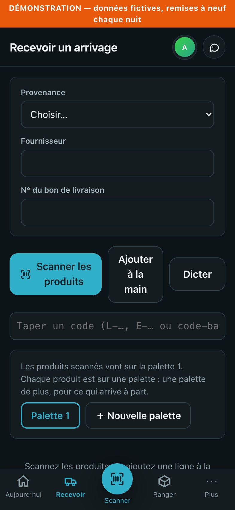 L’écran Recevoir un arrivage : la provenance (achat, production, retour d’un client), le fournisseur, et le bouton Scanner les produits