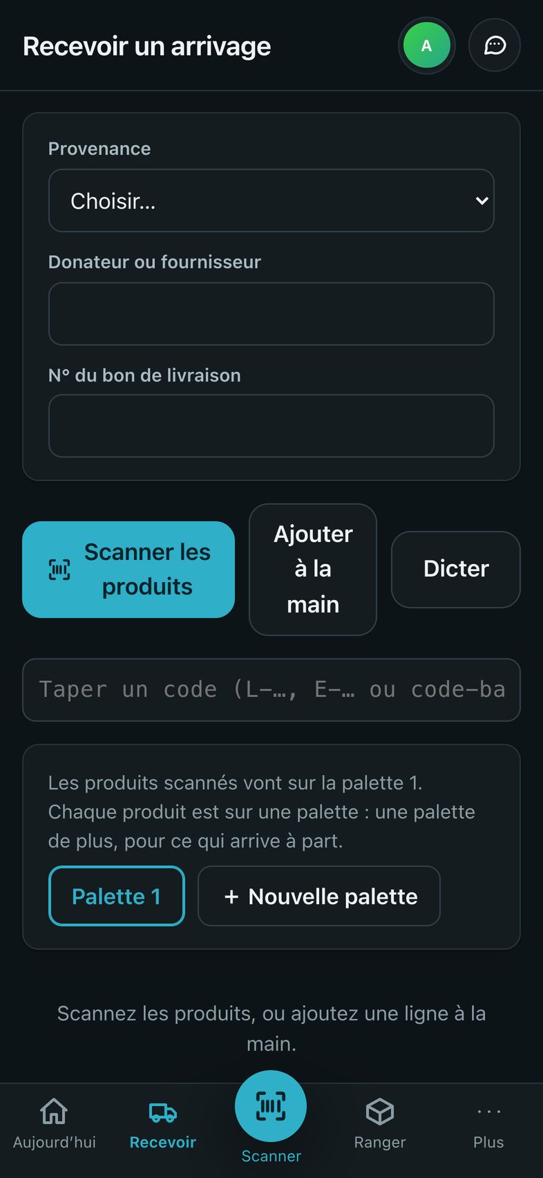 L’écran Recevoir un arrivage : provenance, donateur, et le bouton Scanner les produits