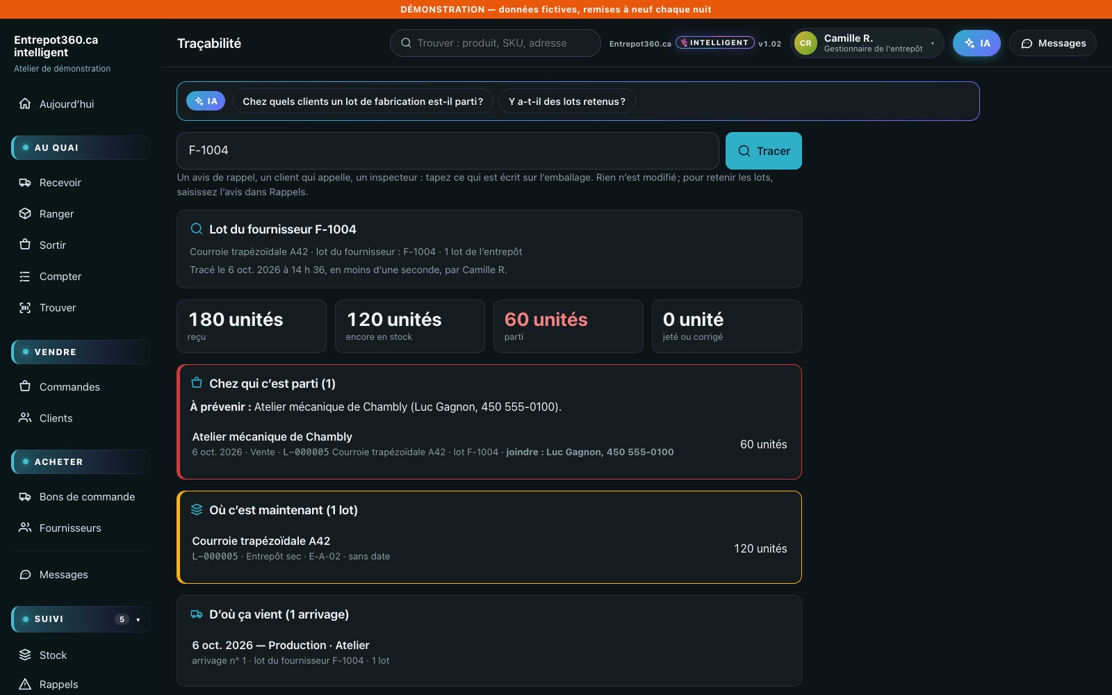 La traçabilité d’un lot de fabrication : reçu, encore en stock, parti — et le client qui l’a reçu, avec qui joindre